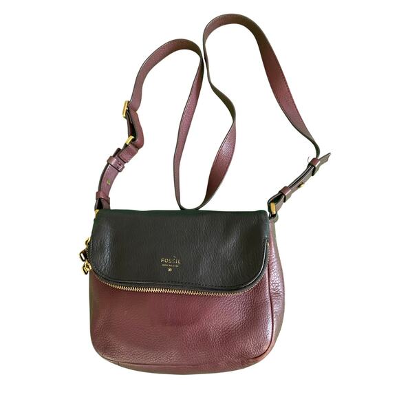Fossil Preston Flap Colorblock Black/Maroon Leather Crossbody bag - Picture 1 of 16